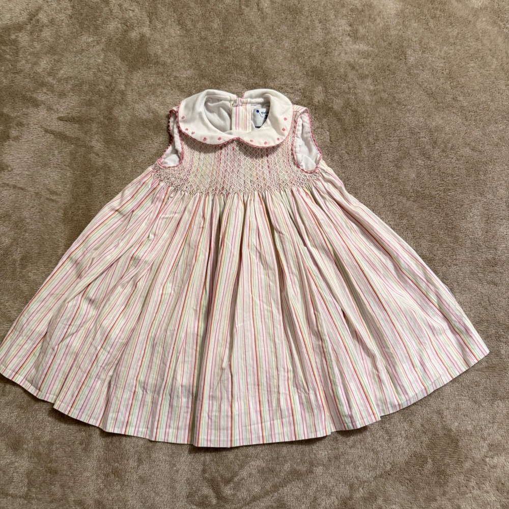 Petit Ami Elite Baby Girl Smocked Dress Pink Green Stripe Peter Pan Collar 6M